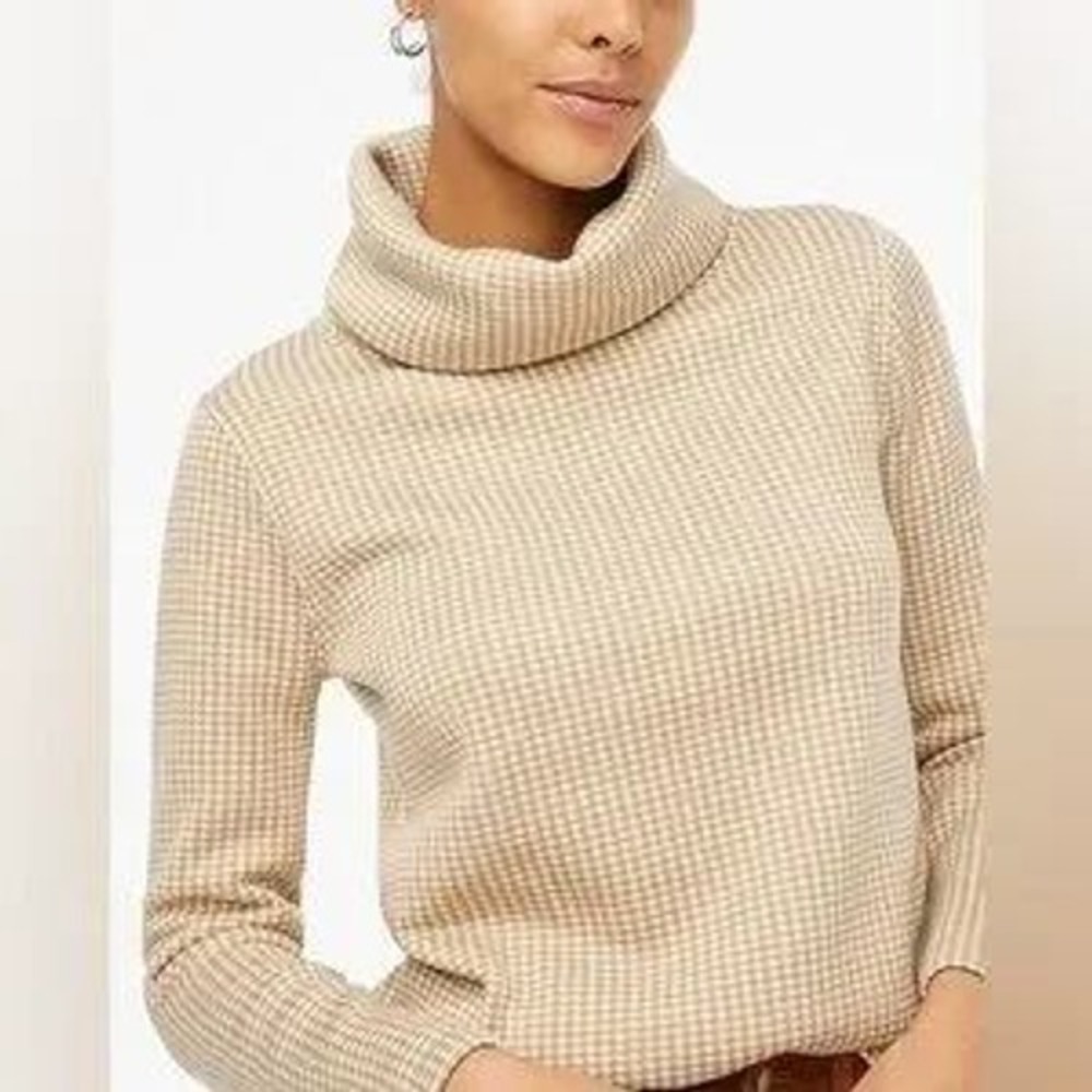 J Crew Womens Tan‎ White Houndstooth Funnel neck Turtleneck Sweater Size S